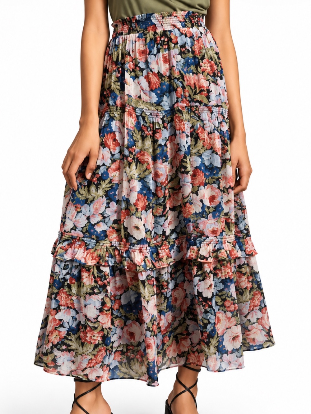Anthropologie Floral Tiered Maxi Skirt in Navy, Pink & Green 34849